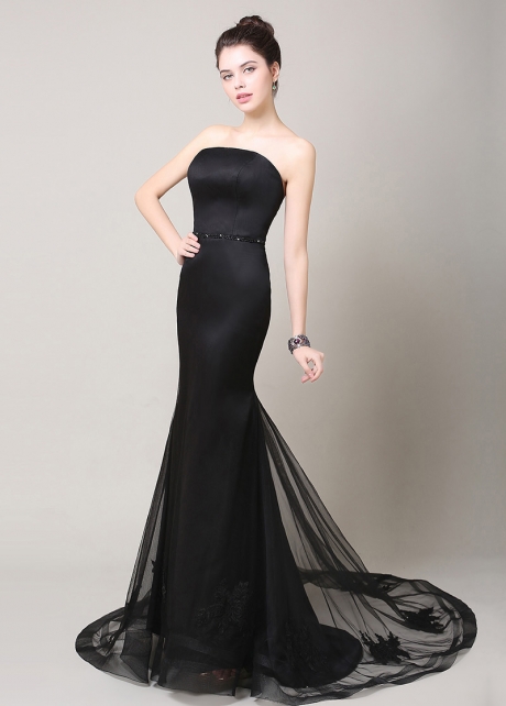 Cheap Elegant Black Satin Strapless Neckline Mermaid Bridesmaid Dress ...