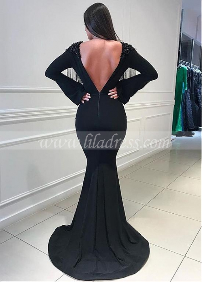 Beautiful Black Bateau Neckline Mermaid Evening Dresses With Beadings