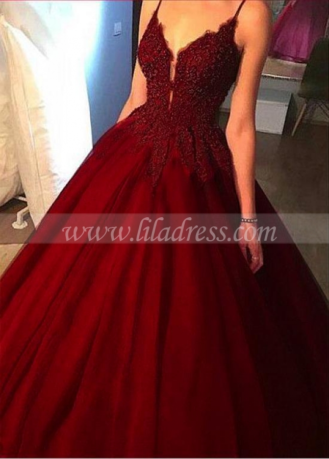 Fantastic Tulle Spaghetti Straps Neckline Floor-length A-line Evening Dresses With Beaded Lace Appliques
