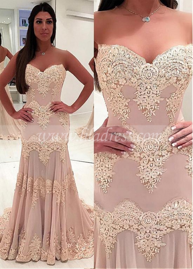 Charming Tulle Sweetheart Neckline Floor-length Mermaid Evening Dresses With Lace Appliques