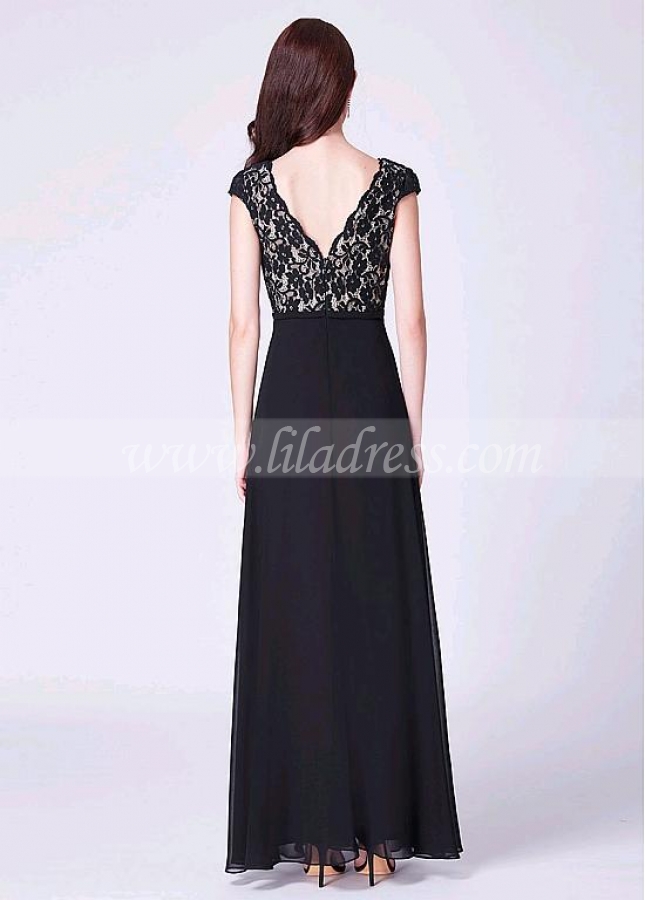 Black Romantic Lace & Chiffon V-neck Neckline Floor-length A-line Evening / Bridesmaid Dress