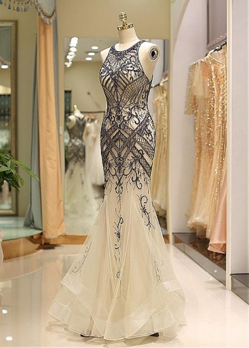 Romantic Tulle Jewel Neckline Floor-length Mermaid Evening Dress With Beadings