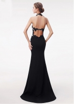Fabulous Black Spandex Halter Neckline Floor-length Mermaid Evening Dress With Lace Appliques