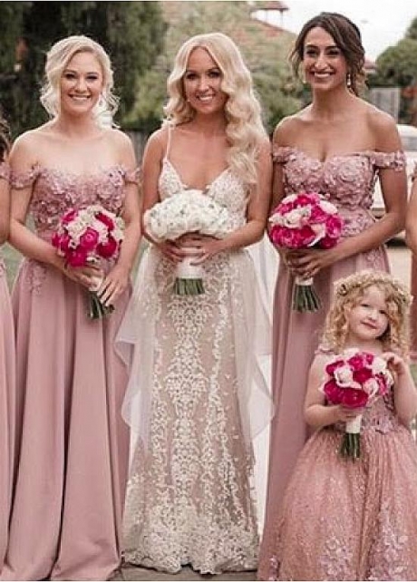 Beautiful Satin Off-the-shoulder Neckline A-line Bridesmaid Dresses With Beaded Lace Appliques