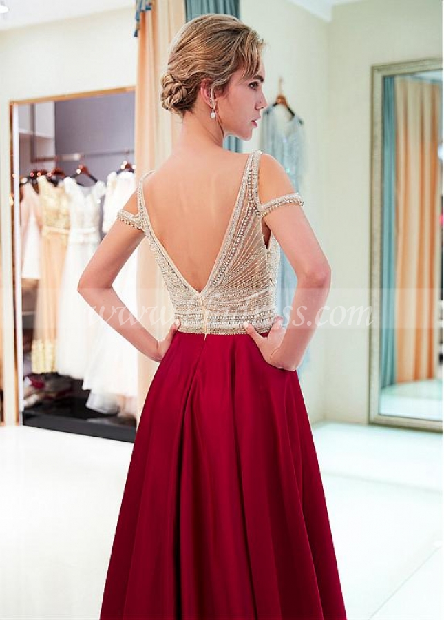 Stunning Tulle & Satin V-neck Neckline A-line Prom Dress With Beadings