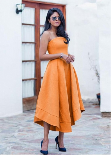 Newest Orange Strapless Neckline Tea-length A-line Prom Dress