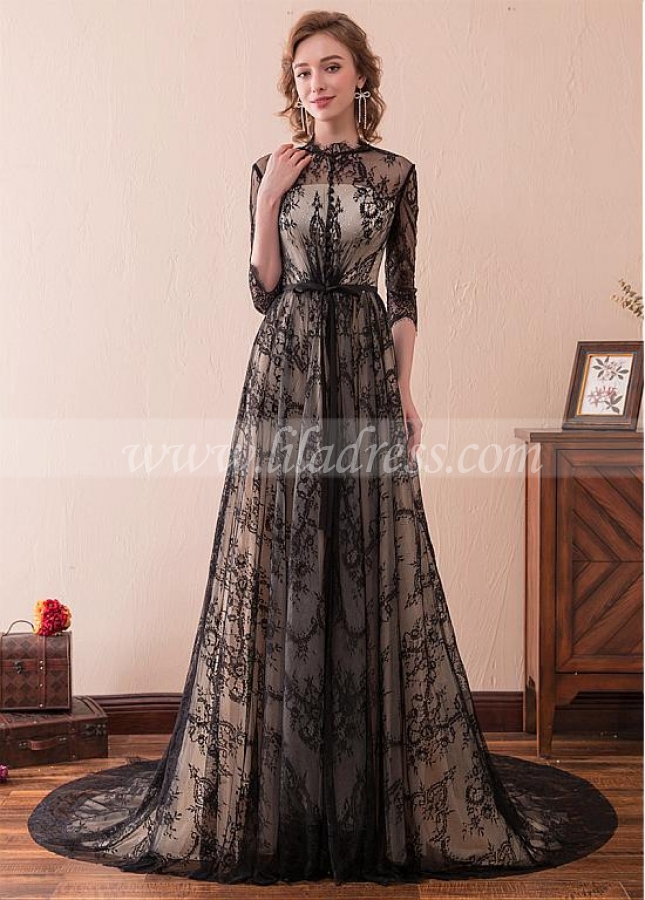 Chic Lace Jewel Neckline 3/4 Length Sleeves A-line Evening Dress With Belt