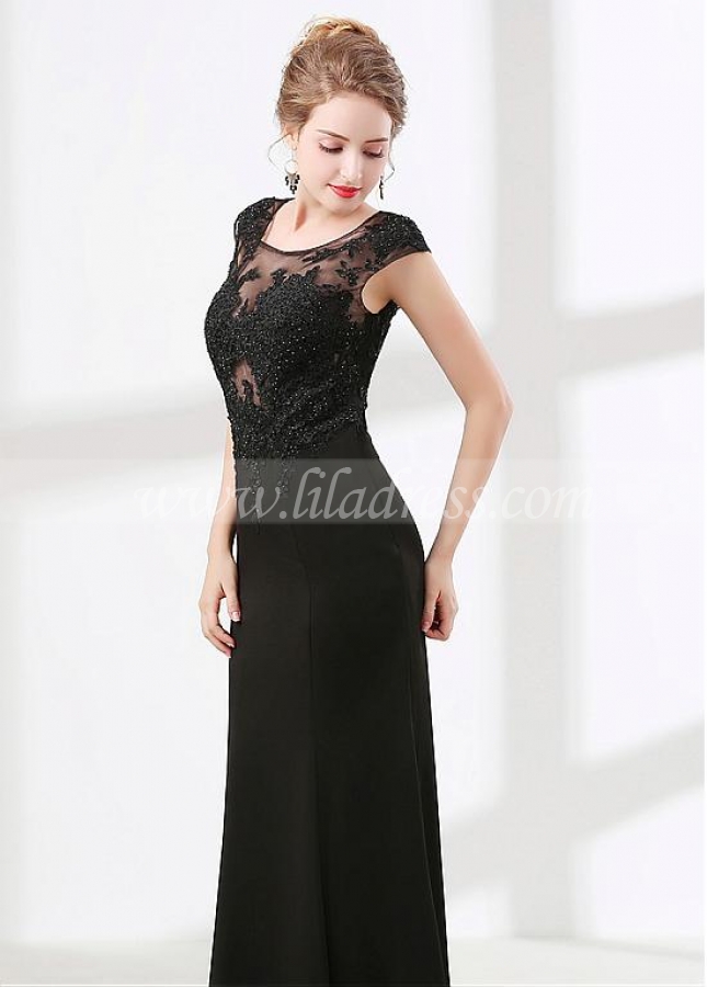 Modest Black Scoop Neckline Cap Sleeves Sheath / Column Evening Dress With Lace Appliques