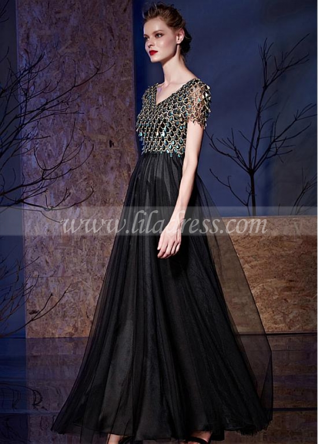 Eye-catching Tulle & Sequin Lace V-neck Neckline Floor-length A-line Prom Dresses With Pleats