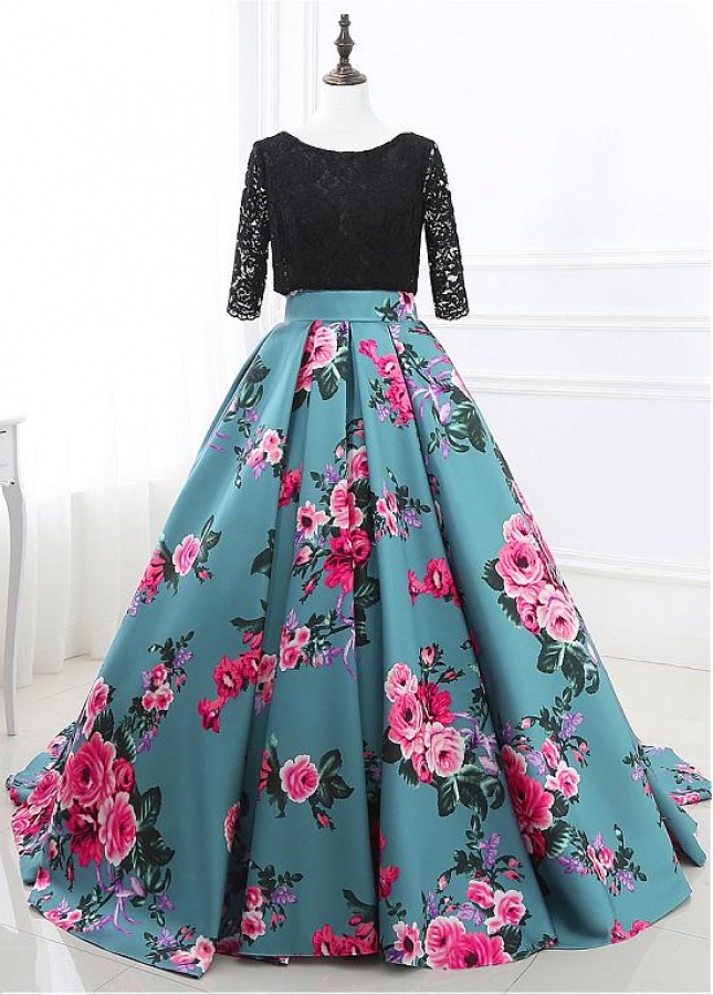 Special Scoop Neckline 3/4 Length Sleeves Backless Ball Gown Prom Dress