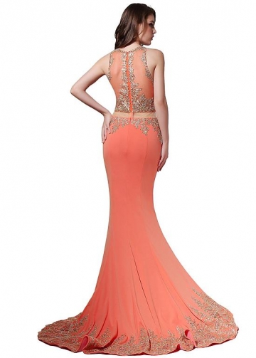 Fabulous Jewel Neckline See-through Waist Mermaid Evening Dresses With Lace Appliques