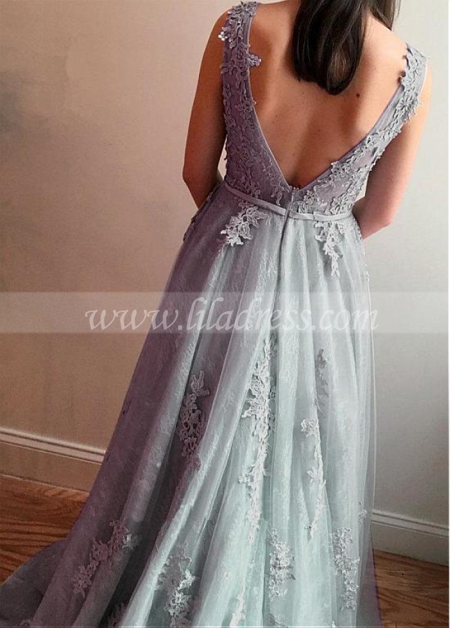 Delicate Tulle Jewel Neckline Floor-length A-line Bridesmaid Dresses With Lace Appliques & Beadings & Belt