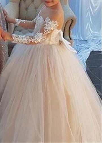 Pretty Tulle Bateau Neckline Ball Gown Flower Girl Dress With Lace Appliques & Bowknot