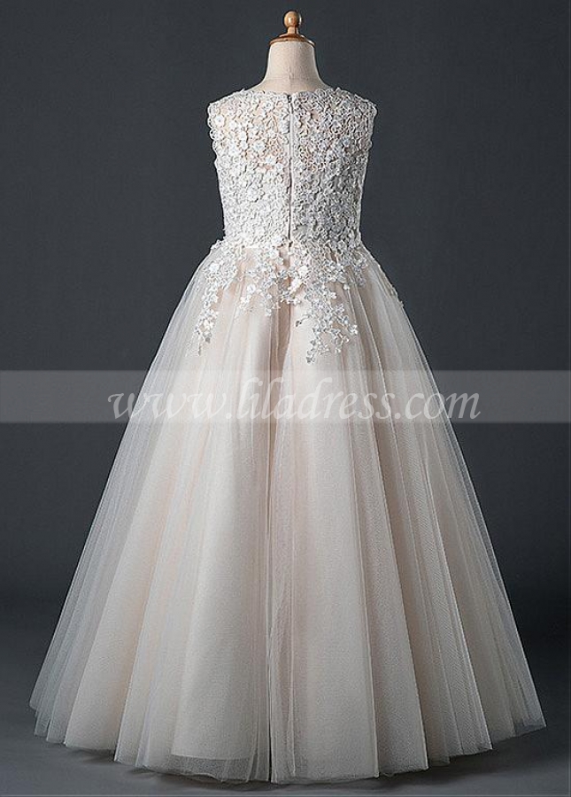 Elegant Tulle Jewel Neckline A-line Flower Girl Dress With Lace Appliques