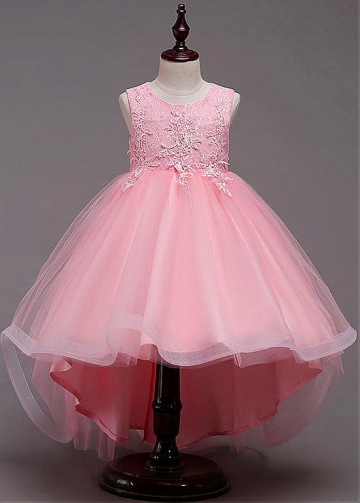 Delicate Tulle & Lace Jewel Neckline Hi-lo Ball Gown Flower Girl Dress With Lace Appliques & Beadings