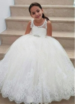 Fascinating Tulle & Lace Jewel Neckline Ball Gown Flower Girl Dresses With Lace Appliques & Beadings
