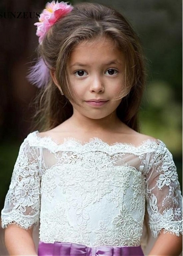 Fabulous Tulle & Lace Off-the-shoulder Neckline A-line Flower Girl Dresses With Beaded Lace Appliques & Belt
