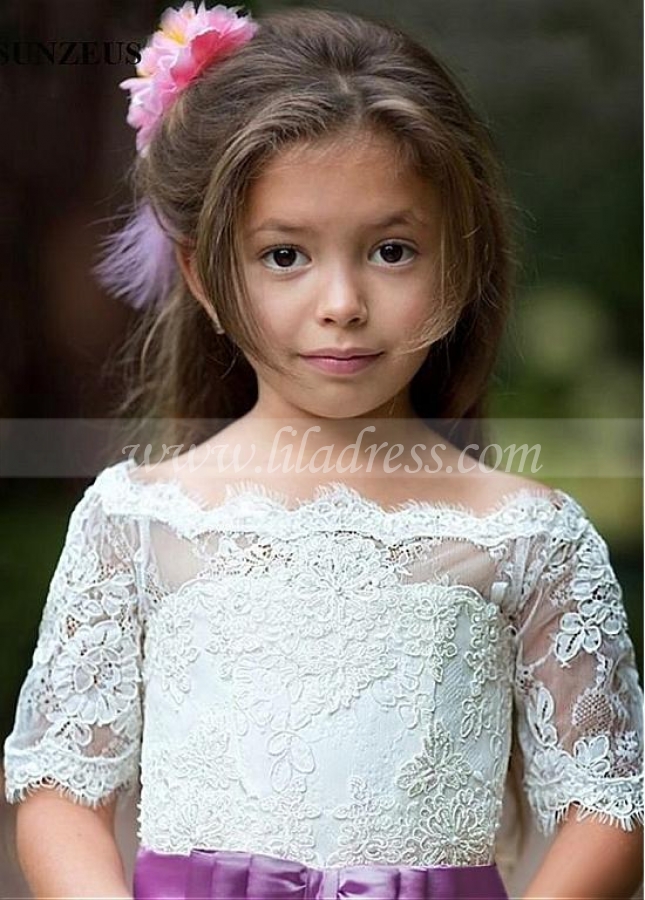 Fabulous Tulle & Lace Off-the-shoulder Neckline A-line Flower Girl Dresses With Beaded Lace Appliques & Belt