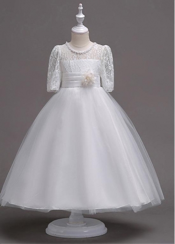 Glamorous Tulle & Lace Jewel Neckline A-line Flower Girl Dress With Beadings & Handmade Flowers