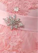 Cute Tulle & Satin Jewel Neckline A-line Flower Girl Dress With Lace Appliques & Beadings & Belt