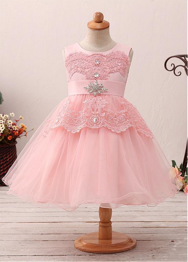 Cute Tulle & Satin Jewel Neckline A-line Flower Girl Dress With Lace Appliques & Beadings & Belt