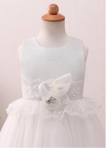 Luxury Tulle Jewel Neckline Ball Gown Flower Girl Dress With Lace Appliques & Handmade Flowers & Belt