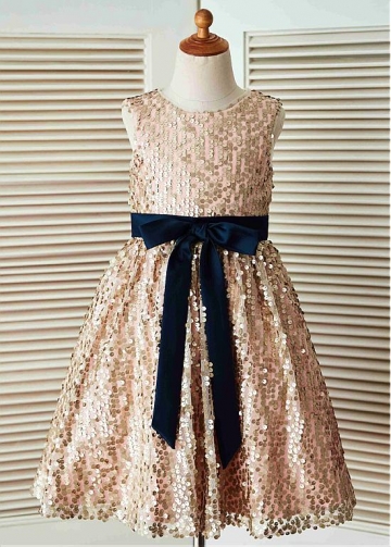 Shining Sequin Lace Jewel Neckline Tea-length A-line Flower Girl Dresses With Bowknot