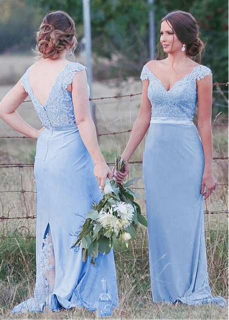 Romantic Tulle & Chiffon V-neck Neckline Mermaid Bridesmaid Dresses With Beaded Lace Appliques & Belt