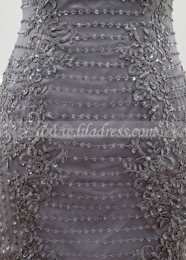 Modest Tulle Scoop Neckline Mermaid Mother Of The Bride Dress With Beadings & Lace Appliques