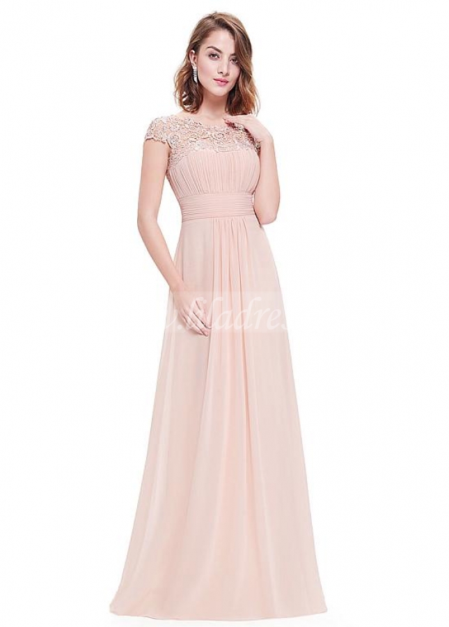 Excellent Chiffon & Lace Bateau Neckline Cap Sleeves Cut-out A-line Prom / Mother Of The Bride Dresses