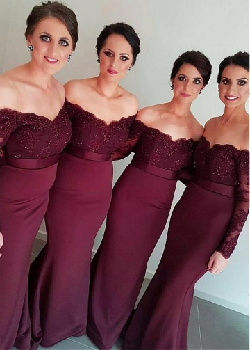Sexy Tulle & Acetate Satin Off-the-shoulder Neckline Mermaid Bridesmaid Dresses With Long Sleeves