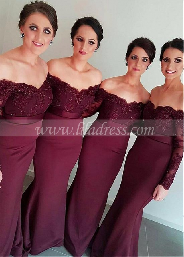 Sexy Tulle & Acetate Satin Off-the-shoulder Neckline Mermaid Bridesmaid Dresses With Long Sleeves