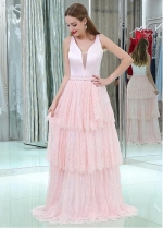 Satin & Lace V-neck Neckline Floor-length A-line Prom Dresses With Beadings