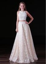 Charming Lace Jewel Neckline Floor-length Two-piece A-line Prom Dresses With Beadings