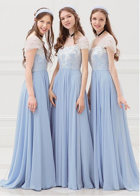 Modest Tulle & Chiffon Sweetheart Neckline Cap Sleeves A-line Bridesmaid Dresses