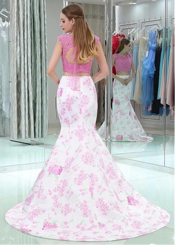 Elegant Bateau Neckline Two-piece Mermaid Prom Dresses With Lace Appliques & Hot Fix Rhinestones