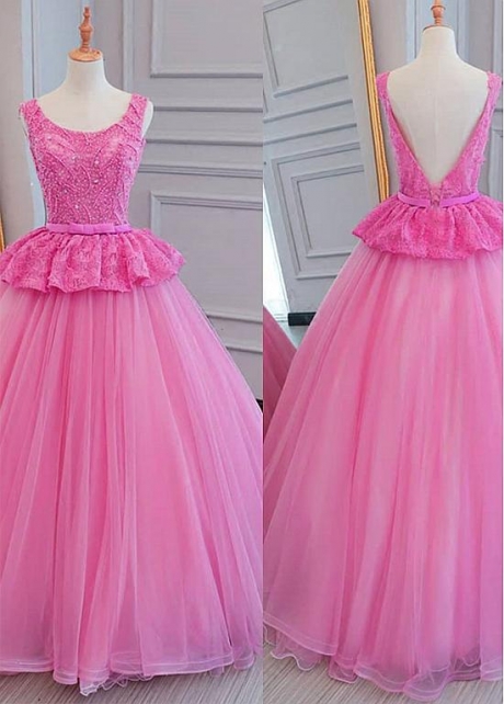 Brilliant Lace & Tulle Scoop Neckline Floor-length Ball Gown Quinceanera Dresses With Beadings & Bowknot