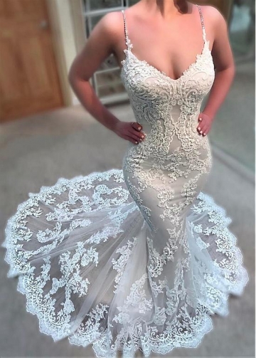 Fantastic Tulle Spaghetti Straps Neckline Mermaid Wedding Dresses With Lace Appliques