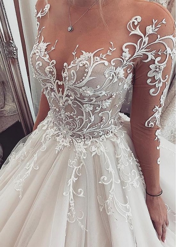 Chic Tulle Jewel Neckline Ball Gown Wedding Dresses With Lace Appliques & Beadings