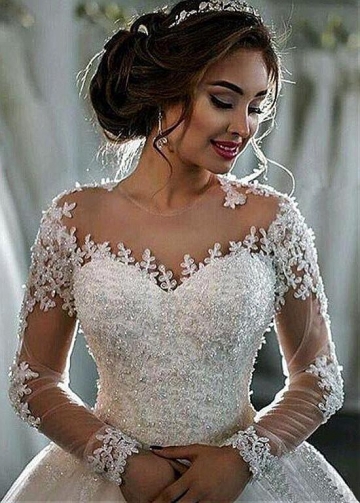 Amazing Tulle Sheer Jewel Neckline Ball Gown Wedding Dresses With Beaded Lace Appliques