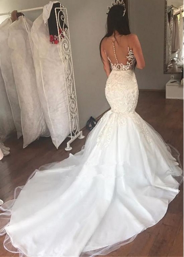 Fascinating Tulle Sheer Jewel Neckline Mermaid Wedding Dress With Lace Appliques & Beadings