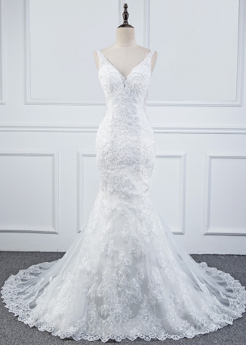 Exquisite V-neck Mermaid Wedding Dress With Lace Appliques & Beadings