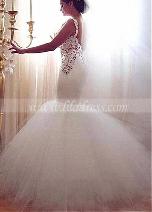 Fashionable Tulle & Satin Sweetheart Neckline Mermaid Wedding Dress With Lace Appliques