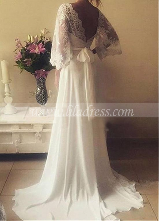 Flowing Chiffon V-Neck A-Line Wedding Dresses With Lace Appliques