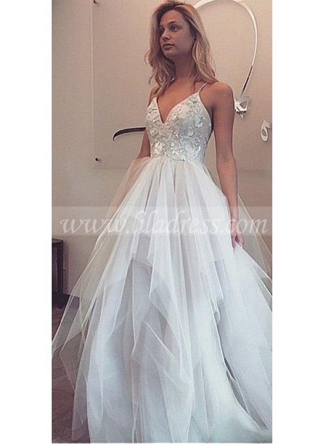 Charming Tulle Spaghetti Straps Neckline A-line Wedding Dresses With Sequin Lace Appliques