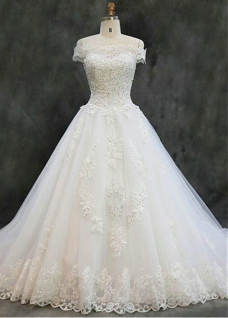 Unique Tulle Off-the-shoulder Neckline Ball Gown Wedding Dresses With Beaded Lace Appliques & Sequins