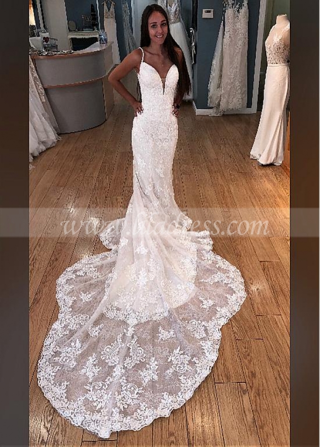 Fashionable Tulle Spaghetti Straps Neckline Mermaid Wedding Dresses With Beaded Lace Appliques