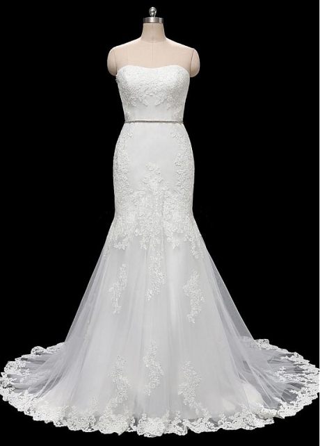 Glamorous Tulle Strapless Neckline Mermaid Wedding Dresses With Lace Appliques & Belt