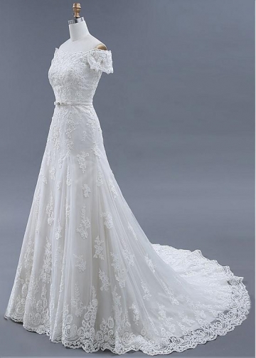 Fabulous Tulle Off-the Shoulder Neckline A-line Wedding Dresses With Beadings & Lace Appliques & Belt