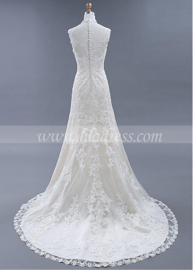 Wonderful Tulle Illusion High Collar Mermaid Wedding Dresses With Beadings & Lace Appliques
